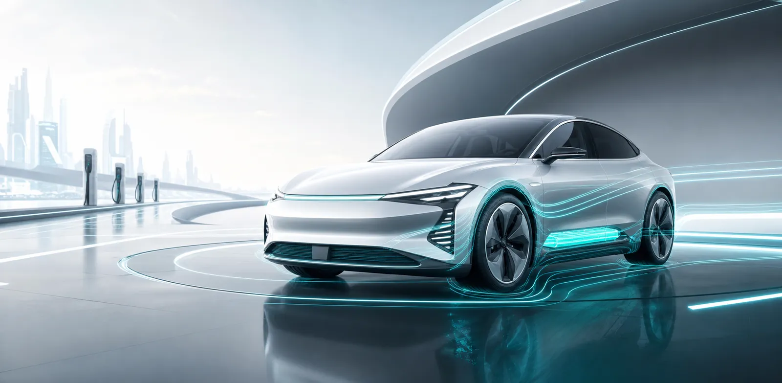 3D Elektroauto mit blau-türkisen Energielinien in einem hellen High-Tech Studio